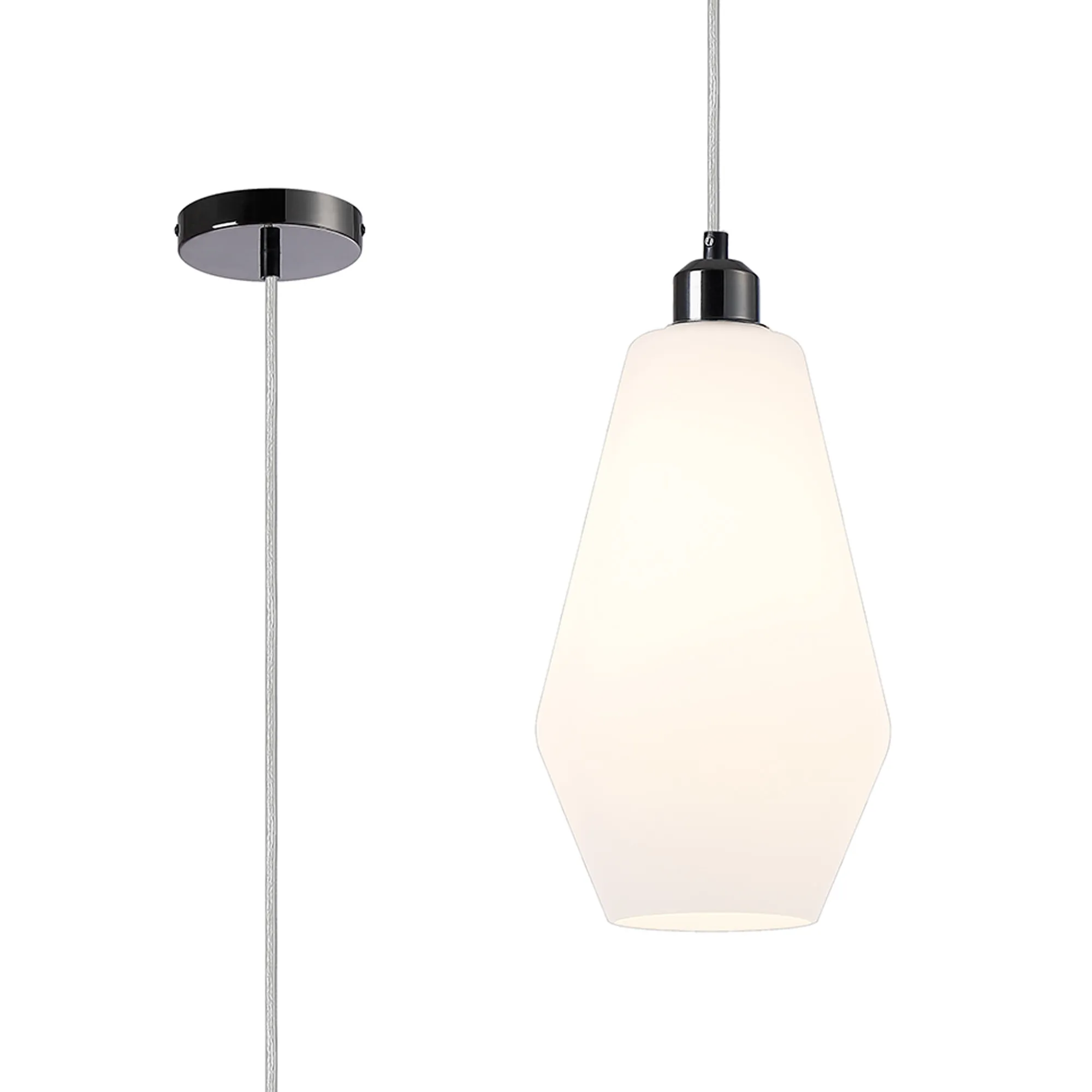 DK1145  Cawdor Single Pendant, 1 Light E27, Black Chrome/Clear/Opal Kite Glass